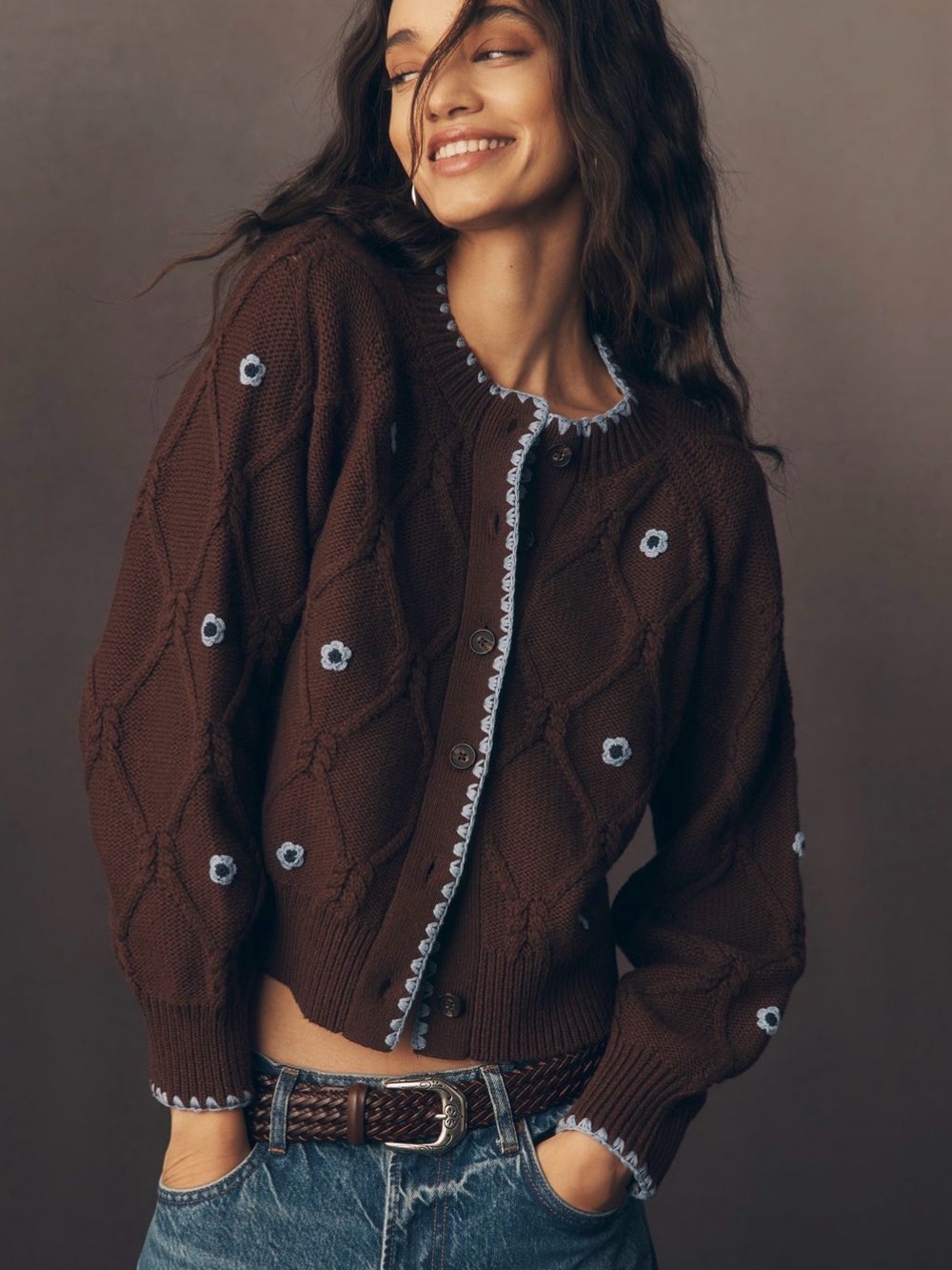 Rails Laurie Floral Stitch Cardigan Brown Blue XS